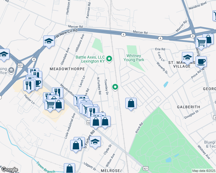 map of restaurants, bars, coffee shops, grocery stores, and more near 1479 Townley Drive in Lexington