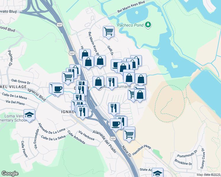 map of restaurants, bars, coffee shops, grocery stores, and more near 1 Commercial Boulevard in Novato