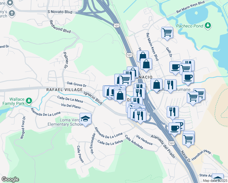 map of restaurants, bars, coffee shops, grocery stores, and more near in Novato
