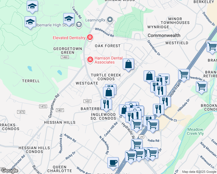 map of restaurants, bars, coffee shops, grocery stores, and more near 118 Turtle Creek Road in Charlottesville