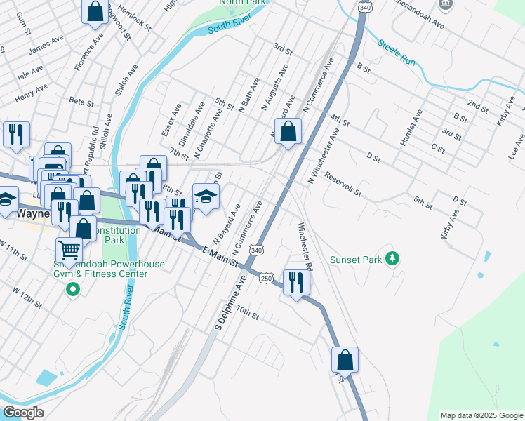 map of restaurants, bars, coffee shops, grocery stores, and more near 241 North Delphine Avenue in Waynesboro