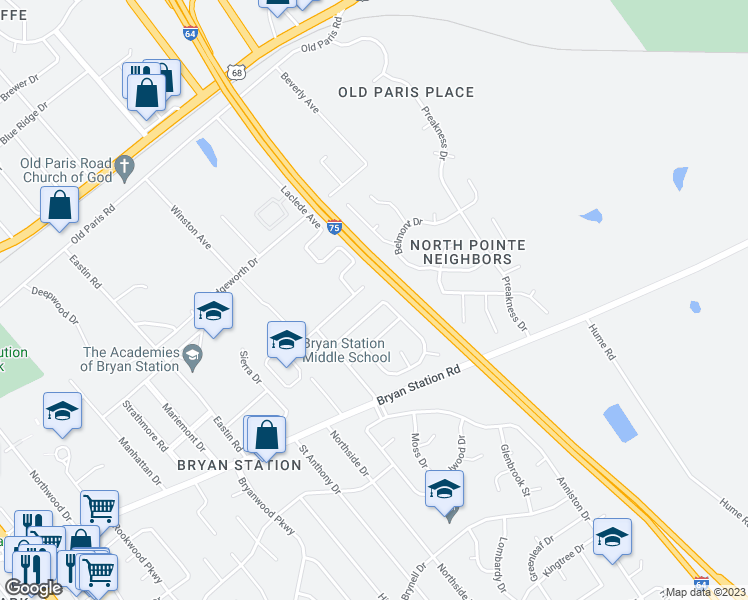 map of restaurants, bars, coffee shops, grocery stores, and more near 1947 Spring Station Drive in Lexington