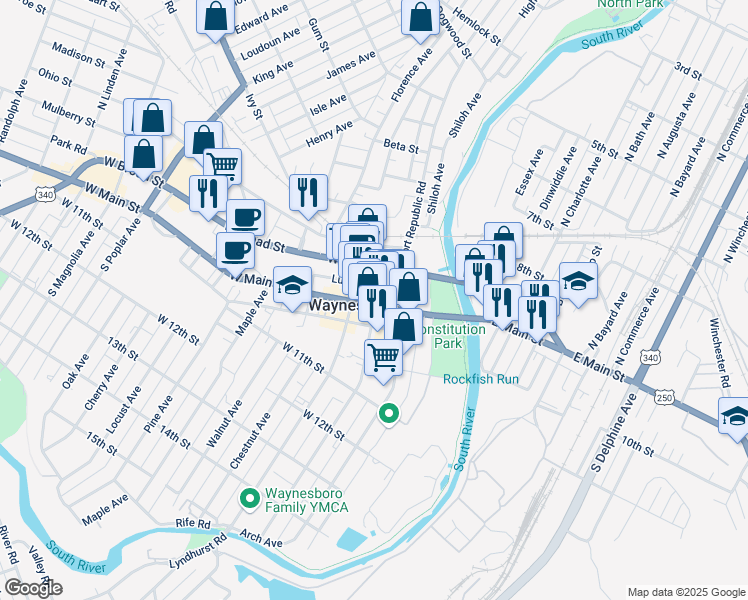 map of restaurants, bars, coffee shops, grocery stores, and more near 401 West Main Street in Waynesboro