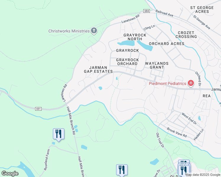 map of restaurants, bars, coffee shops, grocery stores, and more near 6889 Birmingham Drive in Crozet