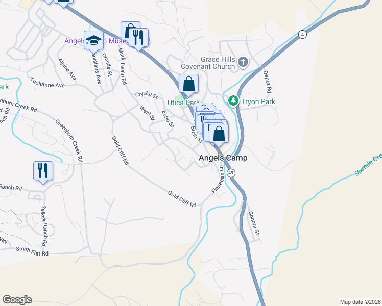 map of restaurants, bars, coffee shops, grocery stores, and more near 1356 Mark Twain Road in Angels Camp