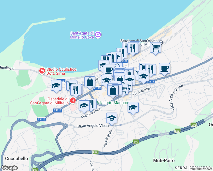 map of restaurants, bars, coffee shops, grocery stores, and more near Vicolo delle Scuole in Sant'Agata di Militello