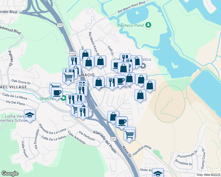 map of restaurants, bars, coffee shops, grocery stores, and more near 1 Commercial Boulevard in Novato
