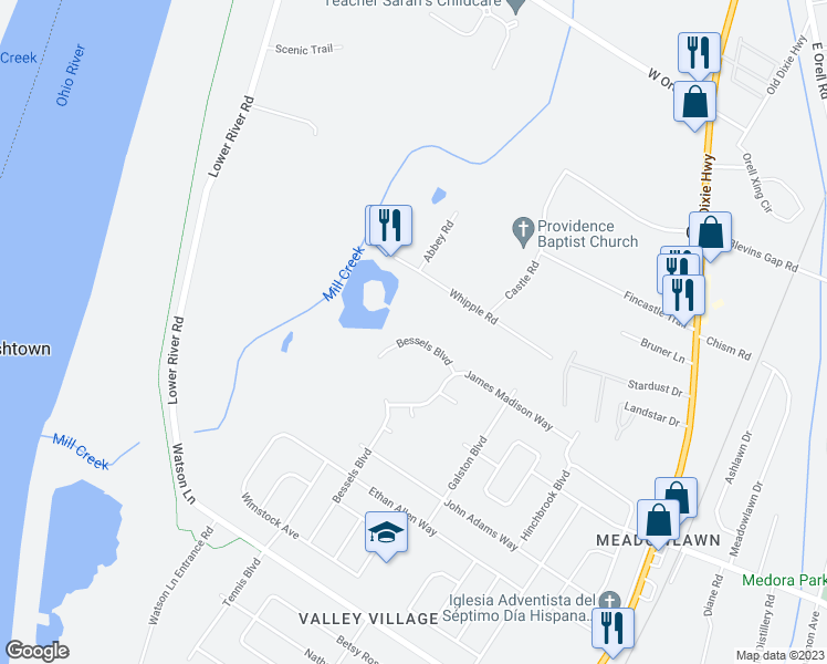 map of restaurants, bars, coffee shops, grocery stores, and more near 13024 Bessels Boulevard in Louisville