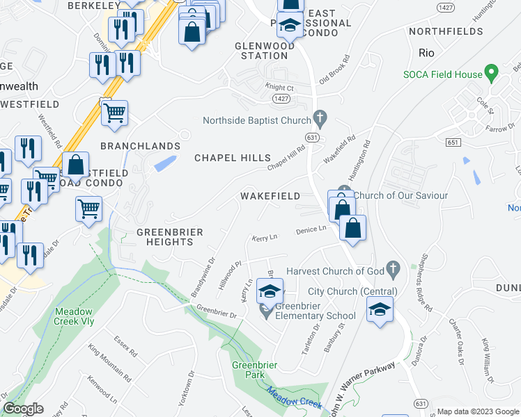 map of restaurants, bars, coffee shops, grocery stores, and more near 2231 Wakefield Road in Charlottesville