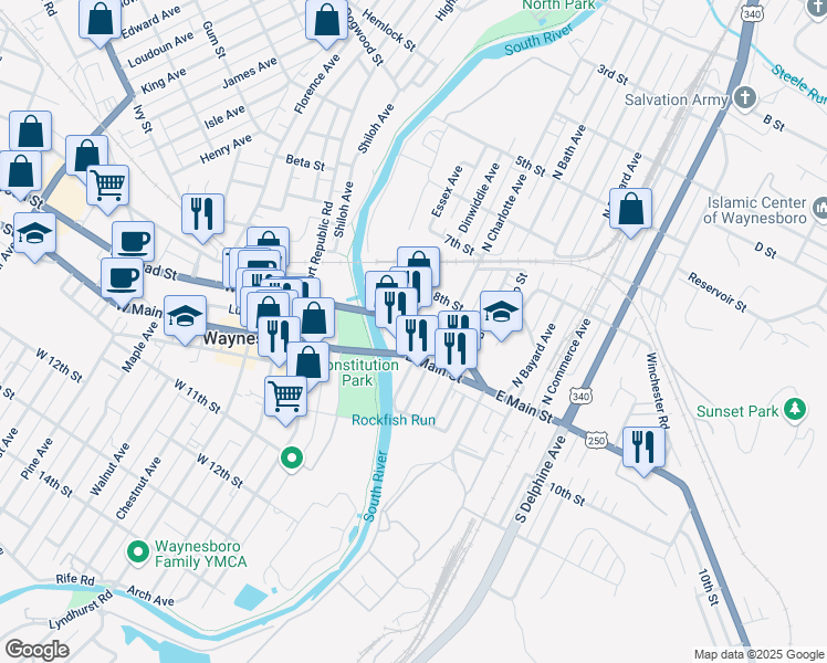 map of restaurants, bars, coffee shops, grocery stores, and more near East Avenue in Waynesboro