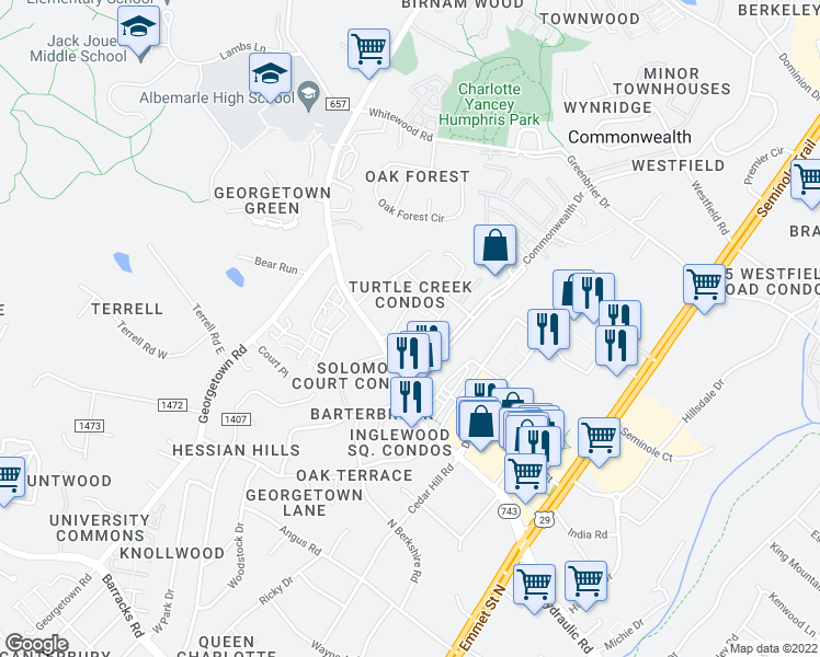 map of restaurants, bars, coffee shops, grocery stores, and more near 134 Turtle Creek Road in Charlottesville