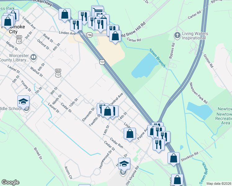 map of restaurants, bars, coffee shops, grocery stores, and more near 1200 Lynn Haven Drive in Pocomoke City
