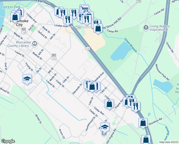 map of restaurants, bars, coffee shops, grocery stores, and more near 237 Morgans Court in Pocomoke City