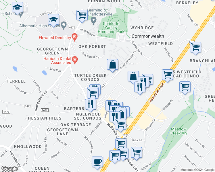 map of restaurants, bars, coffee shops, grocery stores, and more near 2073 Commonwealth Drive in Charlottesville
