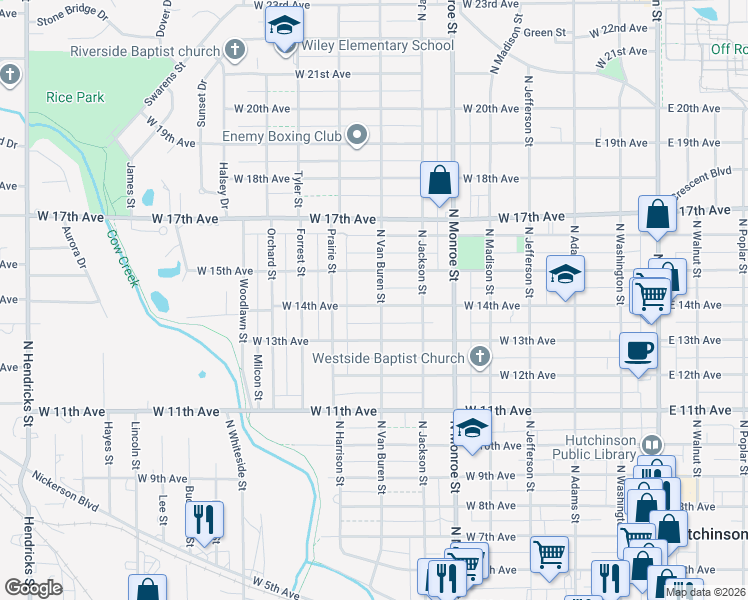 map of restaurants, bars, coffee shops, grocery stores, and more near 1401 North Van Buren Street in Hutchinson