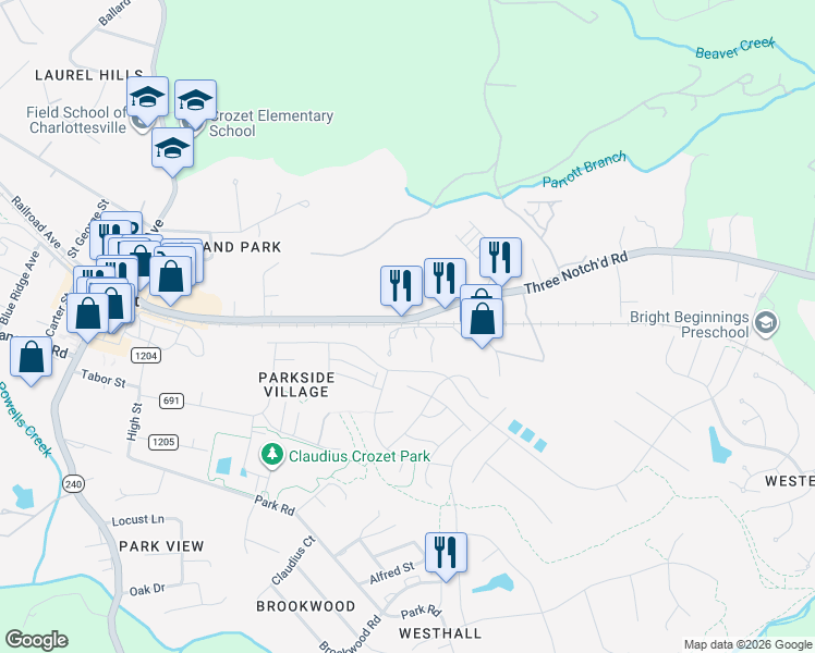 map of restaurants, bars, coffee shops, grocery stores, and more near 5431 Union Mission Lane in Crozet