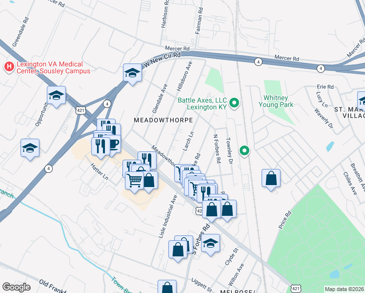 map of restaurants, bars, coffee shops, grocery stores, and more near 243 Larch Lane in Lexington