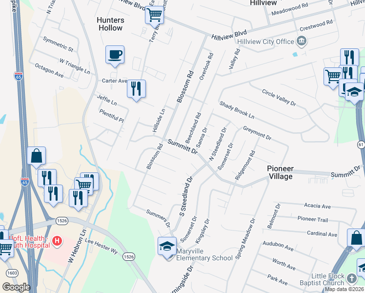 map of restaurants, bars, coffee shops, grocery stores, and more near 1059 Summit Drive in Louisville