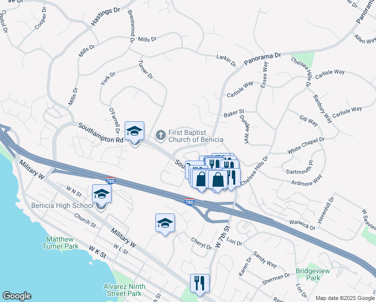 map of restaurants, bars, coffee shops, grocery stores, and more near 809 Southampton Road in Benicia