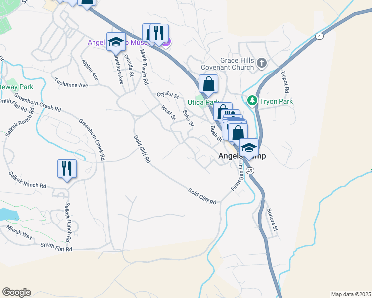 map of restaurants, bars, coffee shops, grocery stores, and more near 1243 Oak Court in Angels Camp
