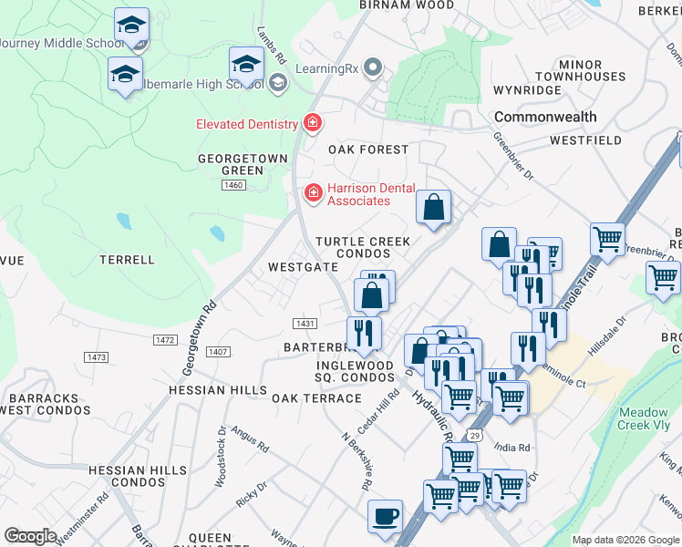 map of restaurants, bars, coffee shops, grocery stores, and more near 102 Turtle Creek Road in Charlottesville