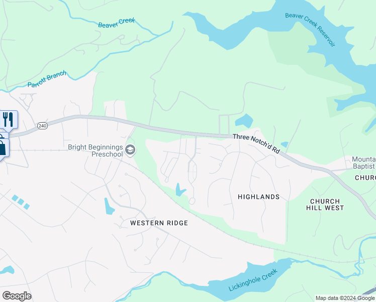 map of restaurants, bars, coffee shops, grocery stores, and more near 1801 Wickham Place in Charlottesville
