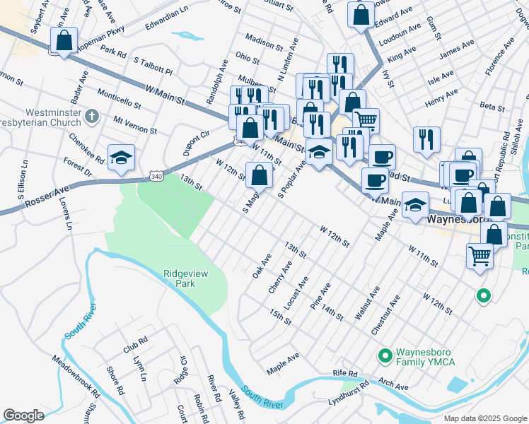 map of restaurants, bars, coffee shops, grocery stores, and more near 443 South Poplar Avenue in Waynesboro