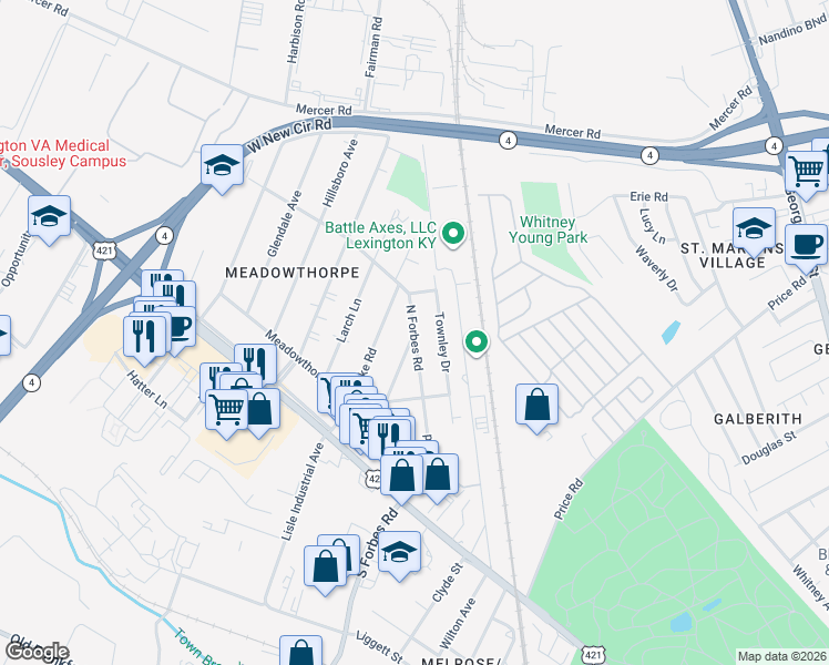 map of restaurants, bars, coffee shops, grocery stores, and more near 298 Pepper Drive in Lexington