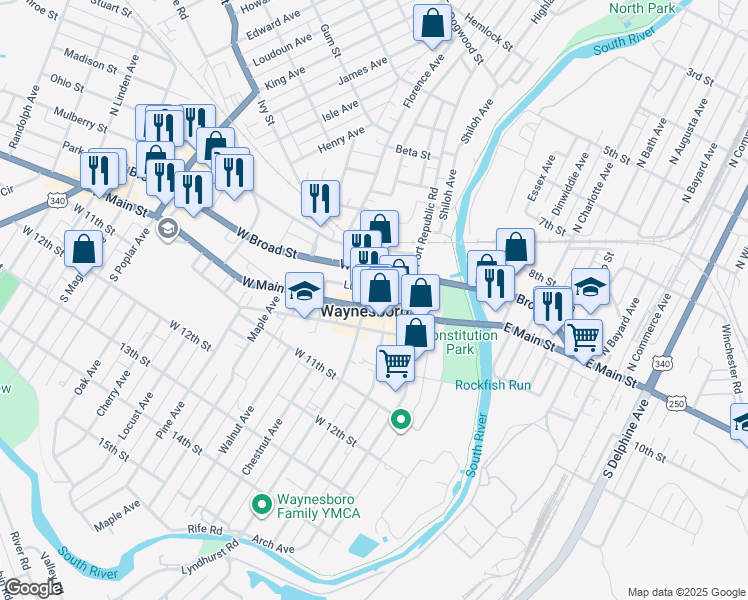 map of restaurants, bars, coffee shops, grocery stores, and more near in Waynesboro