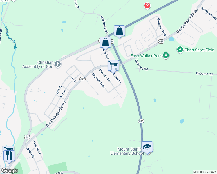 map of restaurants, bars, coffee shops, grocery stores, and more near 555 Highland Avenue in Mount Sterling