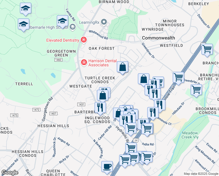 map of restaurants, bars, coffee shops, grocery stores, and more near 120 Turtle Creek Road in Charlottesville