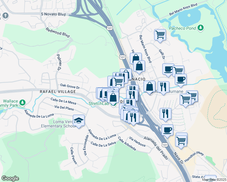 map of restaurants, bars, coffee shops, grocery stores, and more near in Novato