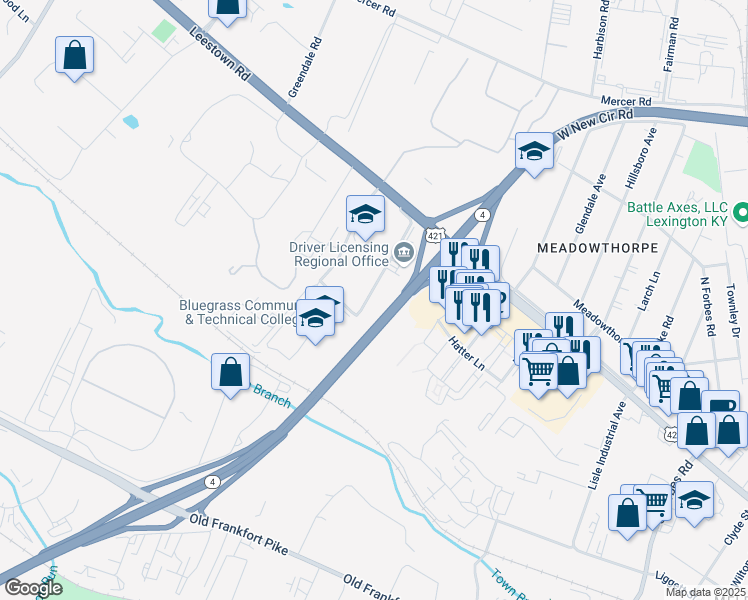 map of restaurants, bars, coffee shops, grocery stores, and more near 181 Leestown Center Way in Lexington