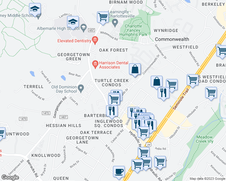map of restaurants, bars, coffee shops, grocery stores, and more near 132 Turtle Creek Road in Charlottesville