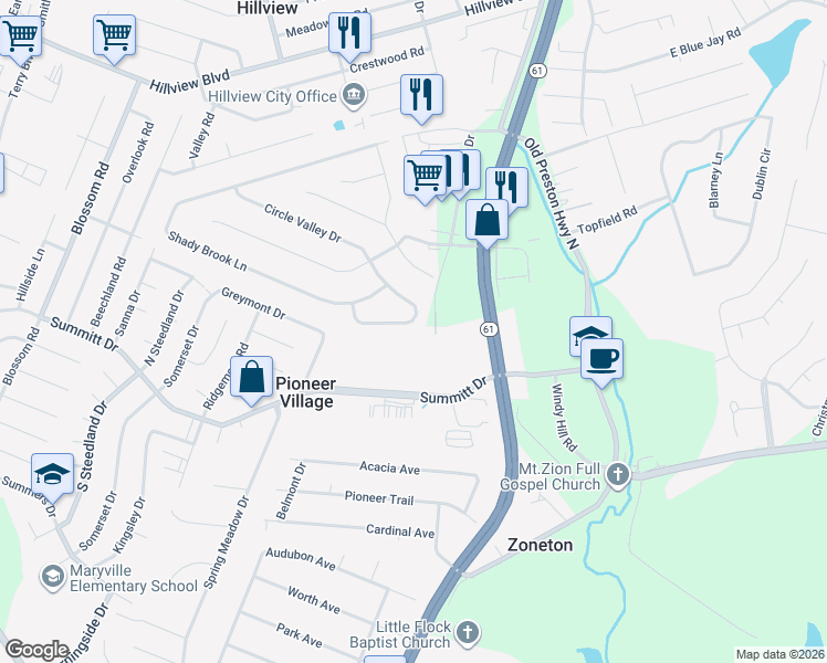 map of restaurants, bars, coffee shops, grocery stores, and more near 258 Circle Valley Drive in Louisville