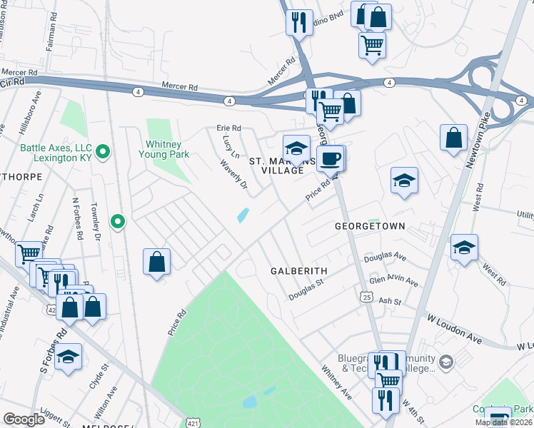 map of restaurants, bars, coffee shops, grocery stores, and more near 423 Price Road in Lexington