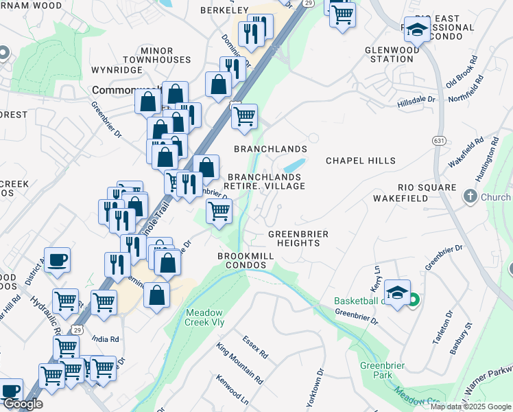 map of restaurants, bars, coffee shops, grocery stores, and more near Greenbrier Drive in Charlottesville