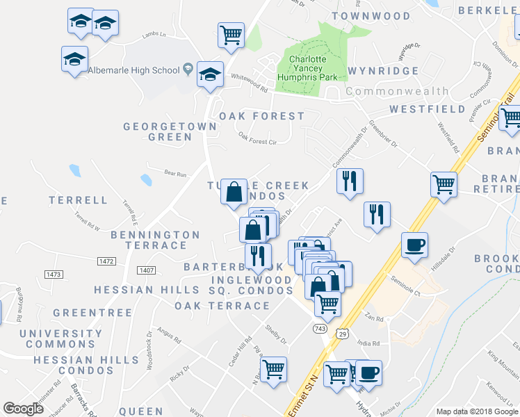 map of restaurants, bars, coffee shops, grocery stores, and more near 102 Turtle Creek Road in Charlottesville