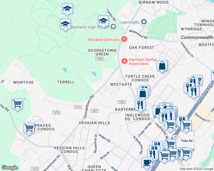 map of restaurants, bars, coffee shops, grocery stores, and more near 82 Barclay Place Court in Charlottesville