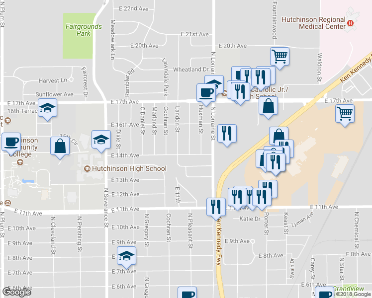 map of restaurants, bars, coffee shops, grocery stores, and more near 1405 Pleasant Street in Hutchinson