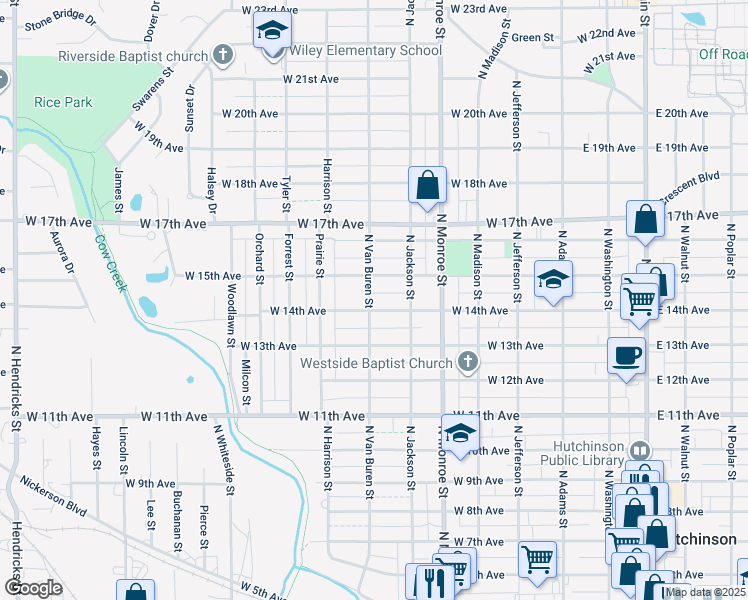 map of restaurants, bars, coffee shops, grocery stores, and more near 703 West 14th Avenue in Hutchinson