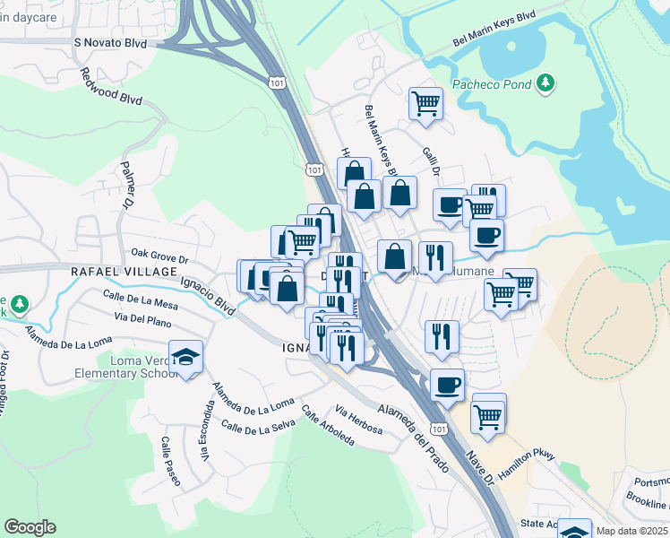 map of restaurants, bars, coffee shops, grocery stores, and more near 332 Enfrente Road in Novato