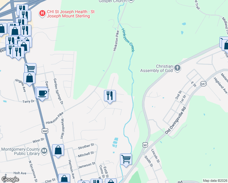 map of restaurants, bars, coffee shops, grocery stores, and more near 900 Equestrian Way in Mount Sterling
