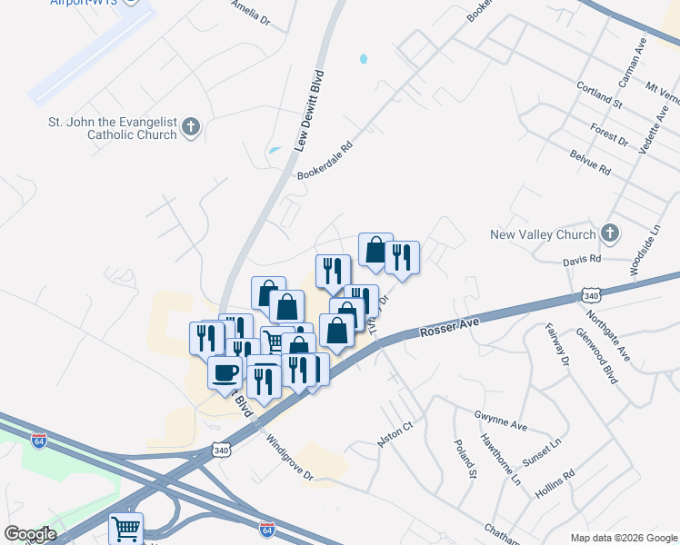 map of restaurants, bars, coffee shops, grocery stores, and more near 116 Lucy Lane in Waynesboro