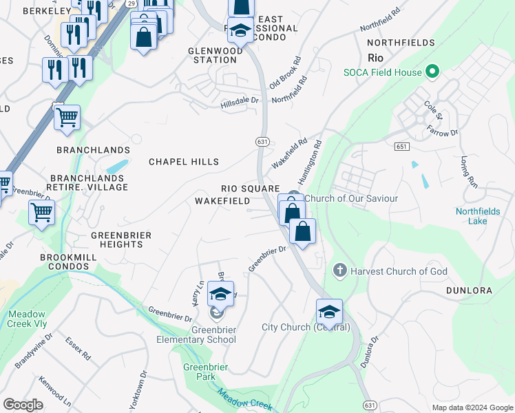 map of restaurants, bars, coffee shops, grocery stores, and more near 880 Fountain Court in Charlottesville