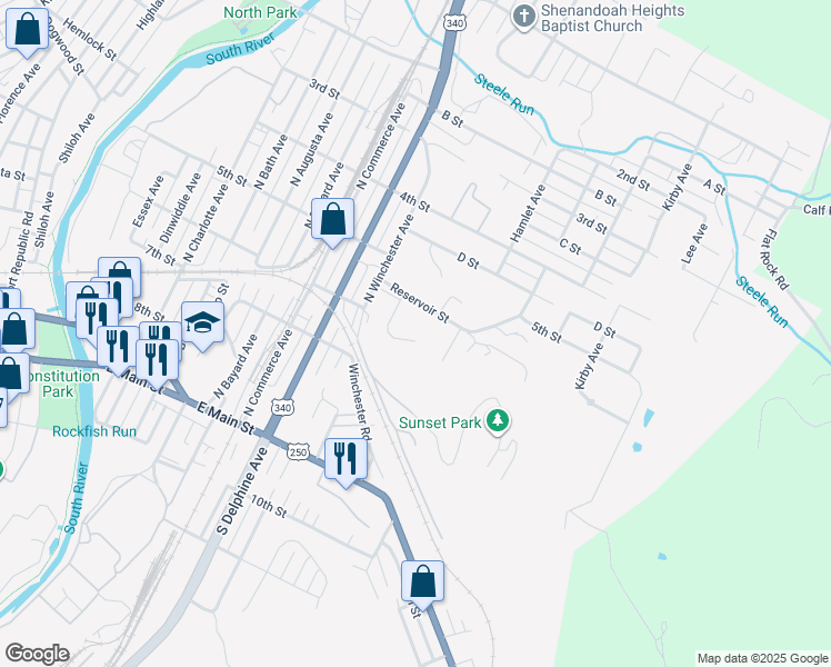 map of restaurants, bars, coffee shops, grocery stores, and more near 457 Woodland Circle in Waynesboro