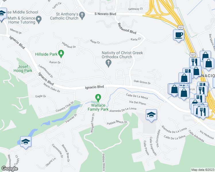 map of restaurants, bars, coffee shops, grocery stores, and more near Fairway Dr & Ignacio Blvd in Novato