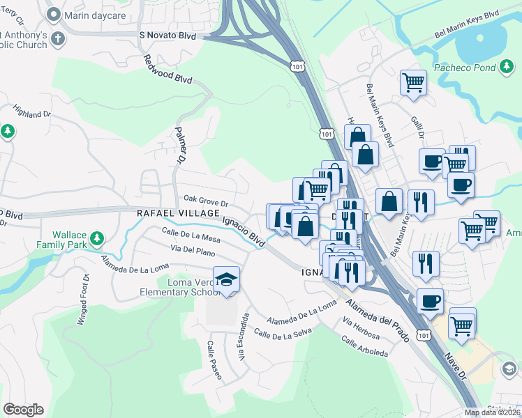 map of restaurants, bars, coffee shops, grocery stores, and more near 3 Lilac Place in Novato