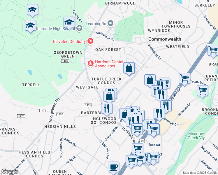 map of restaurants, bars, coffee shops, grocery stores, and more near 118 Turtle Creek Road in Charlottesville
