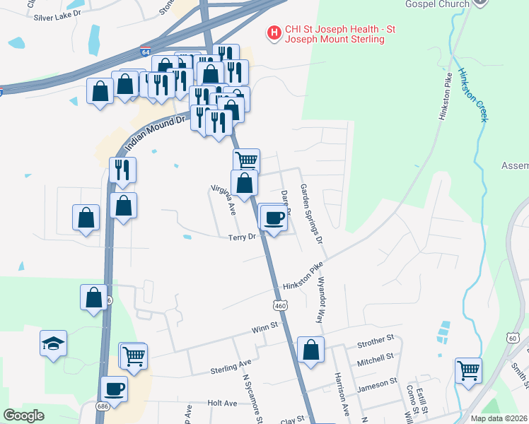 map of restaurants, bars, coffee shops, grocery stores, and more near 513 Maysville Road in Mount Sterling